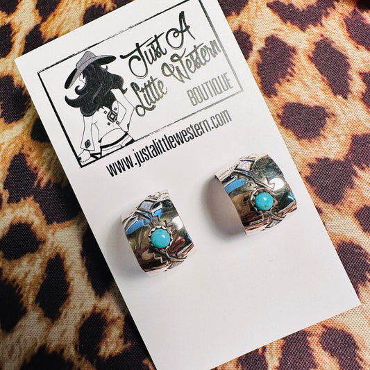 Stamped Sterling & Turquoise Hoop Post Earrings