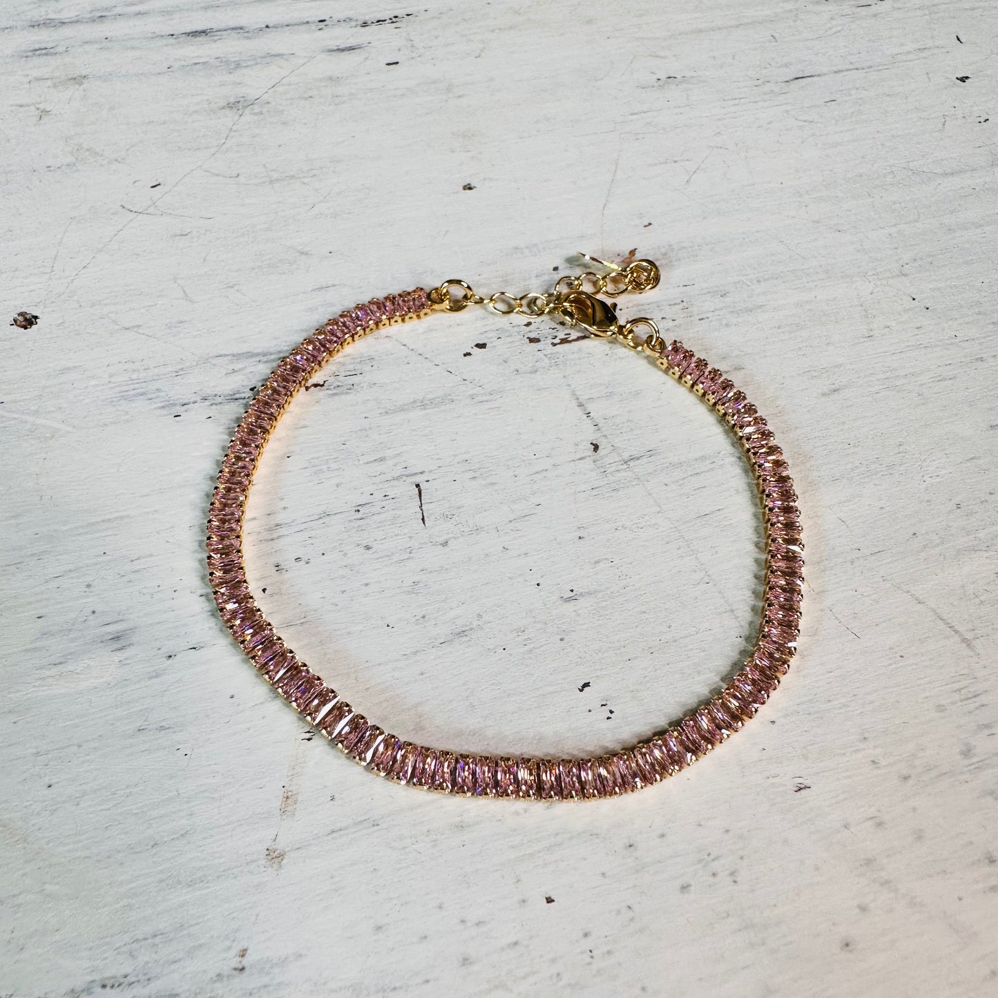 Gold & Pink CZ Baguette Tennis Bracelet