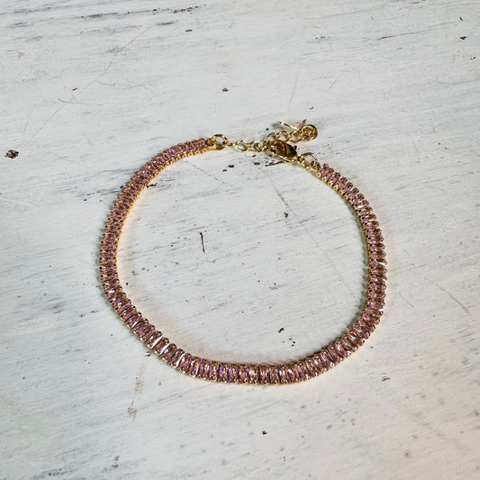 Gold & Pink CZ Baguette Tennis Bracelet
