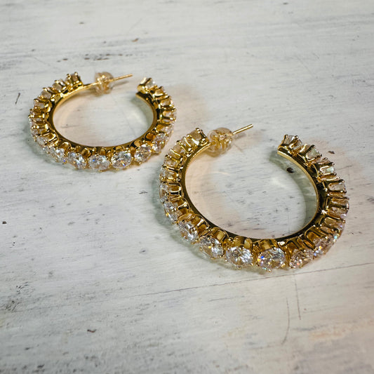 1.25" Gold CZ Hoop Post Earrings