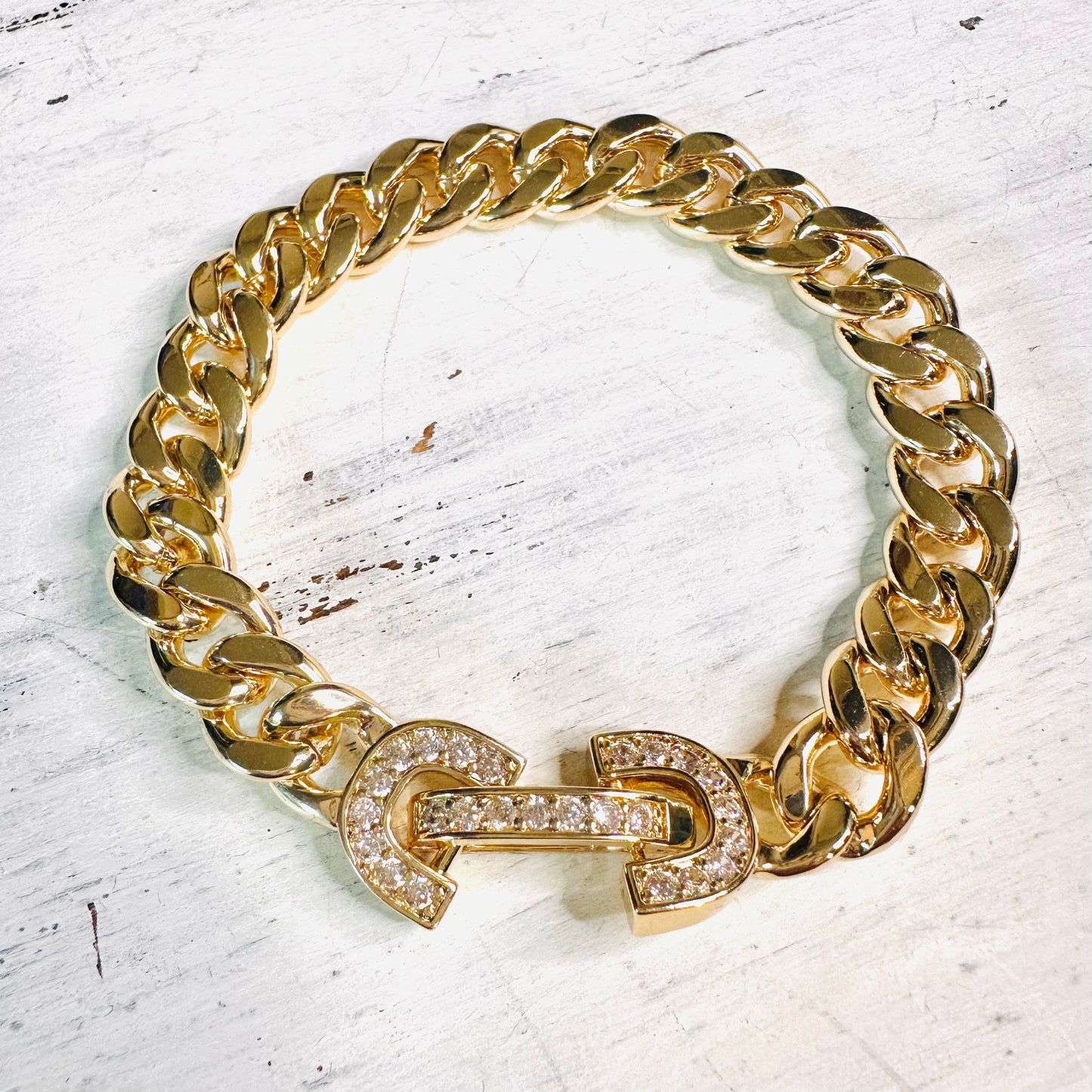 Gold & CZ Bit Clasp Chunky Chain Bracelet