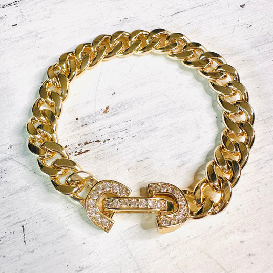 Gold & CZ Bit Clasp Chunky Chain Bracelet