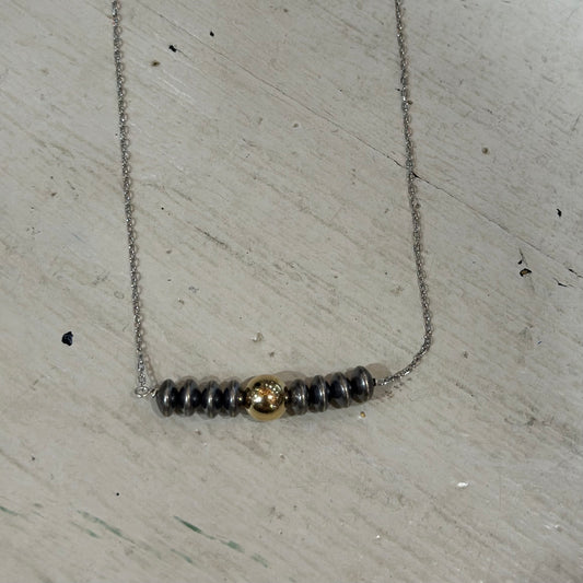 Sterling Saucer Pearl Bead & Gold Bar Necklace