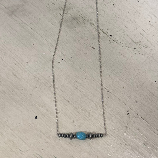 Sterling Silver Saucer Pearl & Turquoise Bead Bar Necklace