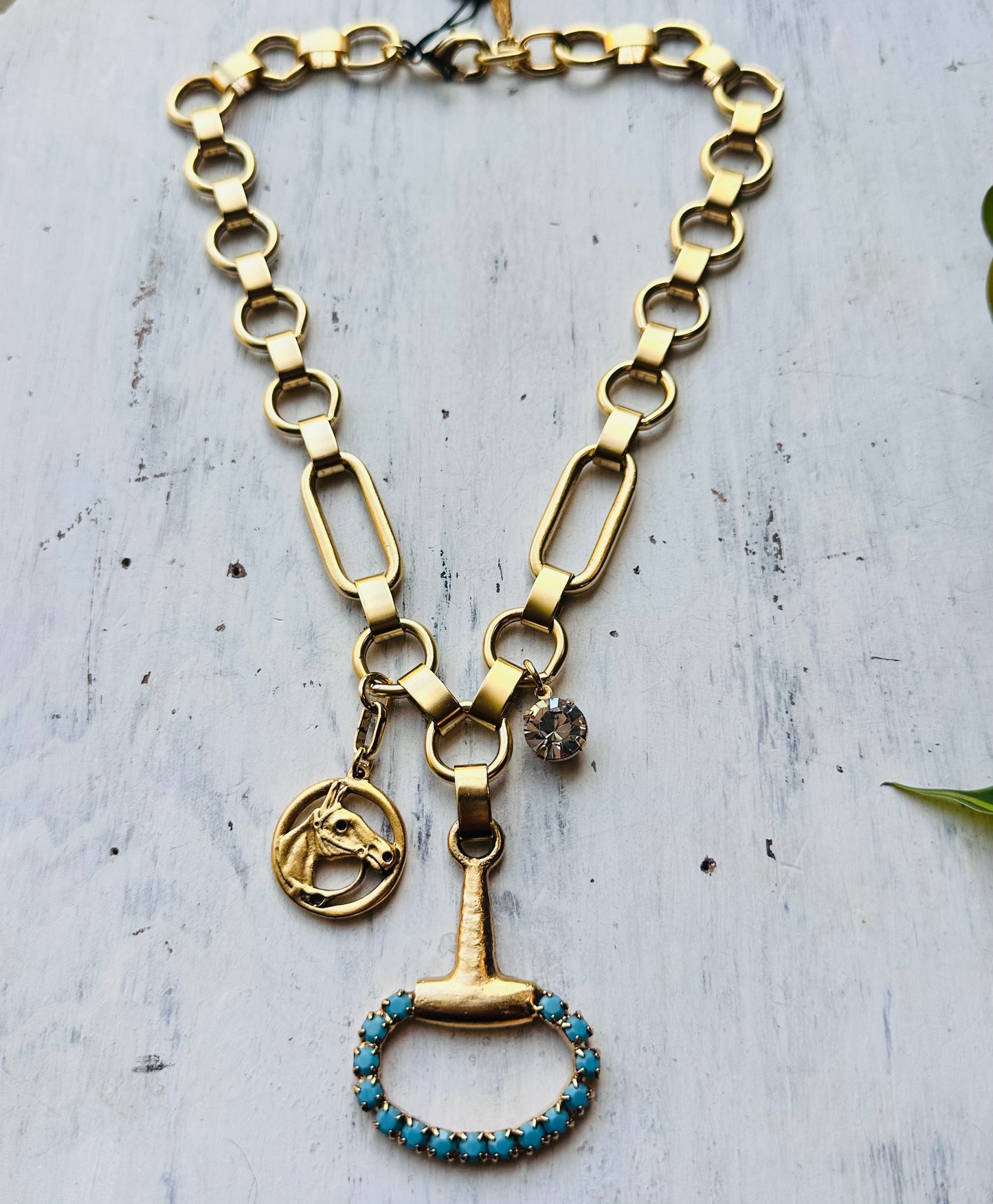 Yochi NY Gold Chunky Chain Turquoise Bit & Charm Necklace