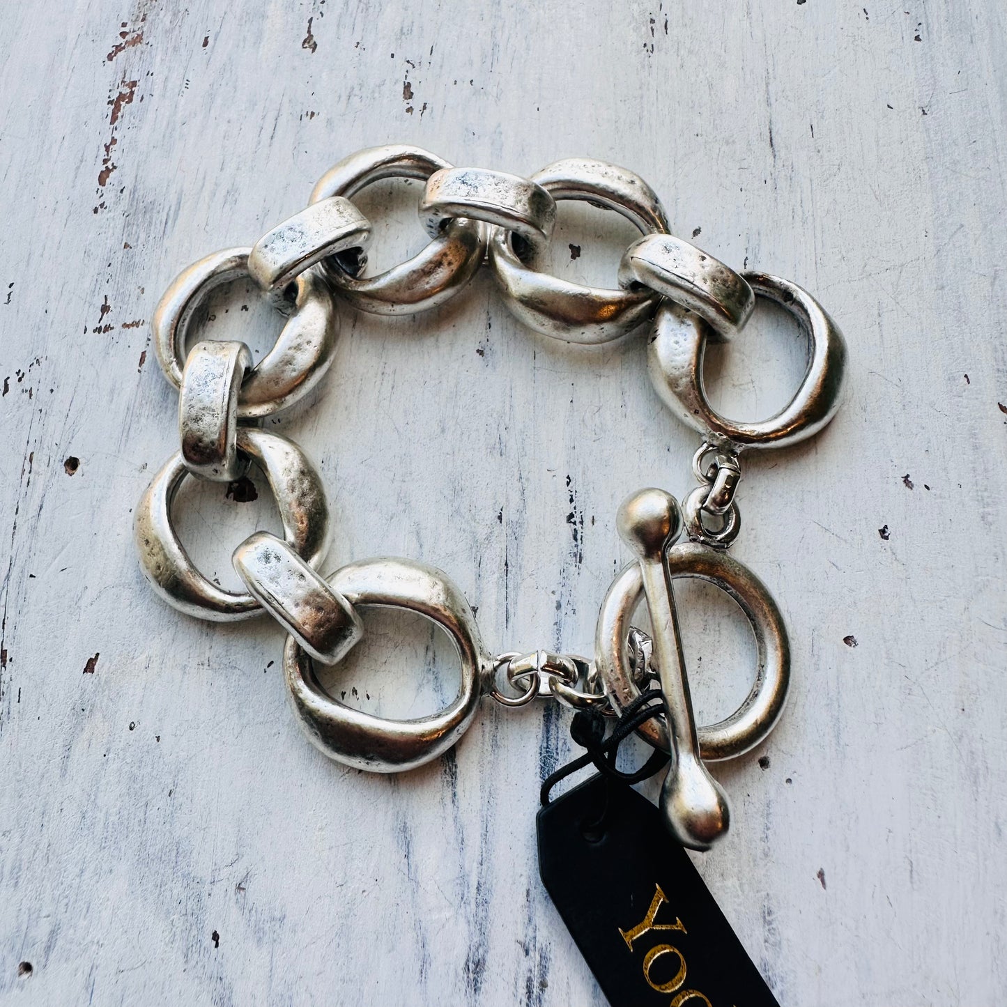 Yochi Silver Chunky Hammered Link Toggle Bracelet