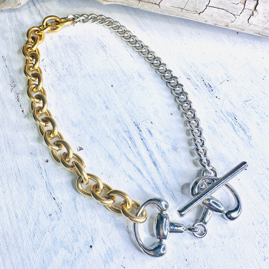Yochi NY Half Gold Half Silver Bit Toggle Necklace