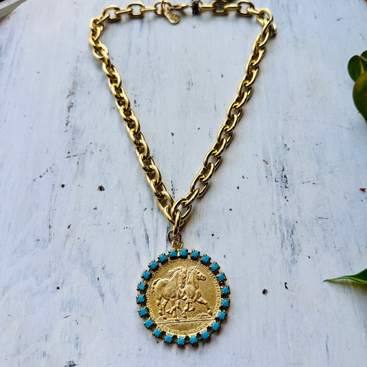 Yochi Turquoise & Running Horses Medallion Necklace