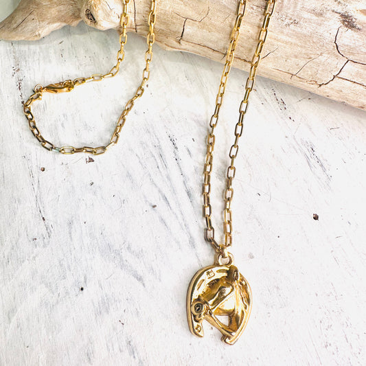 Yochi NY Gold Horseshoe & Horse Pendant Necklace