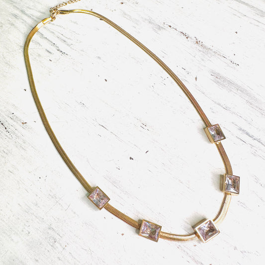 Gold Herringbone & Square Rhinestone Necklace