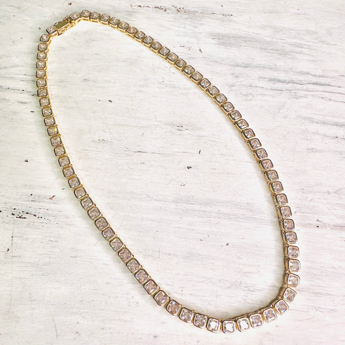 Gold Plated Bezel Squared Rhinestone Necklace