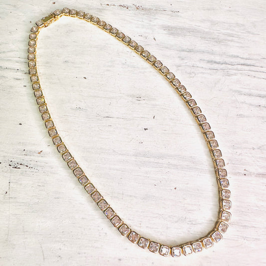 Gold Plated Bezel Squared Rhinestone Necklace
