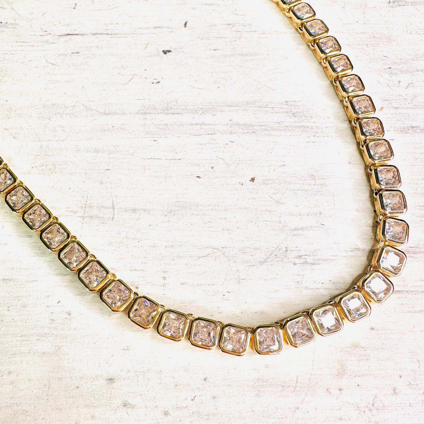 Gold Plated Bezel Squared Rhinestone Necklace