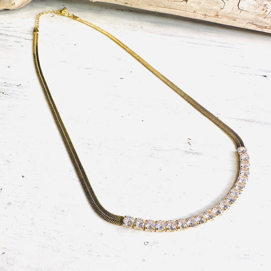 Gold Plated Rhinestone & Herringbone Necklace