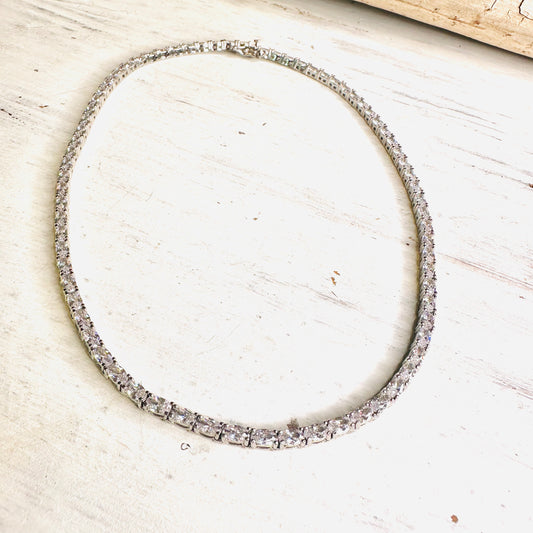 Silver Plated Oval Rhinestone Tennis Necklace