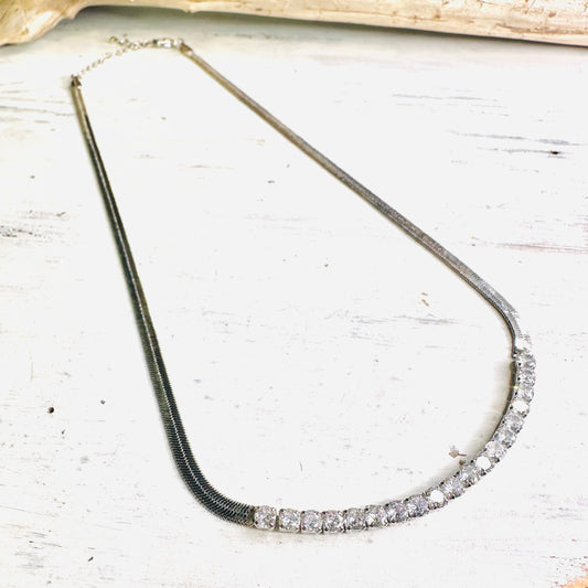 Silver Plated Rhinestone & Herringbone Necklace