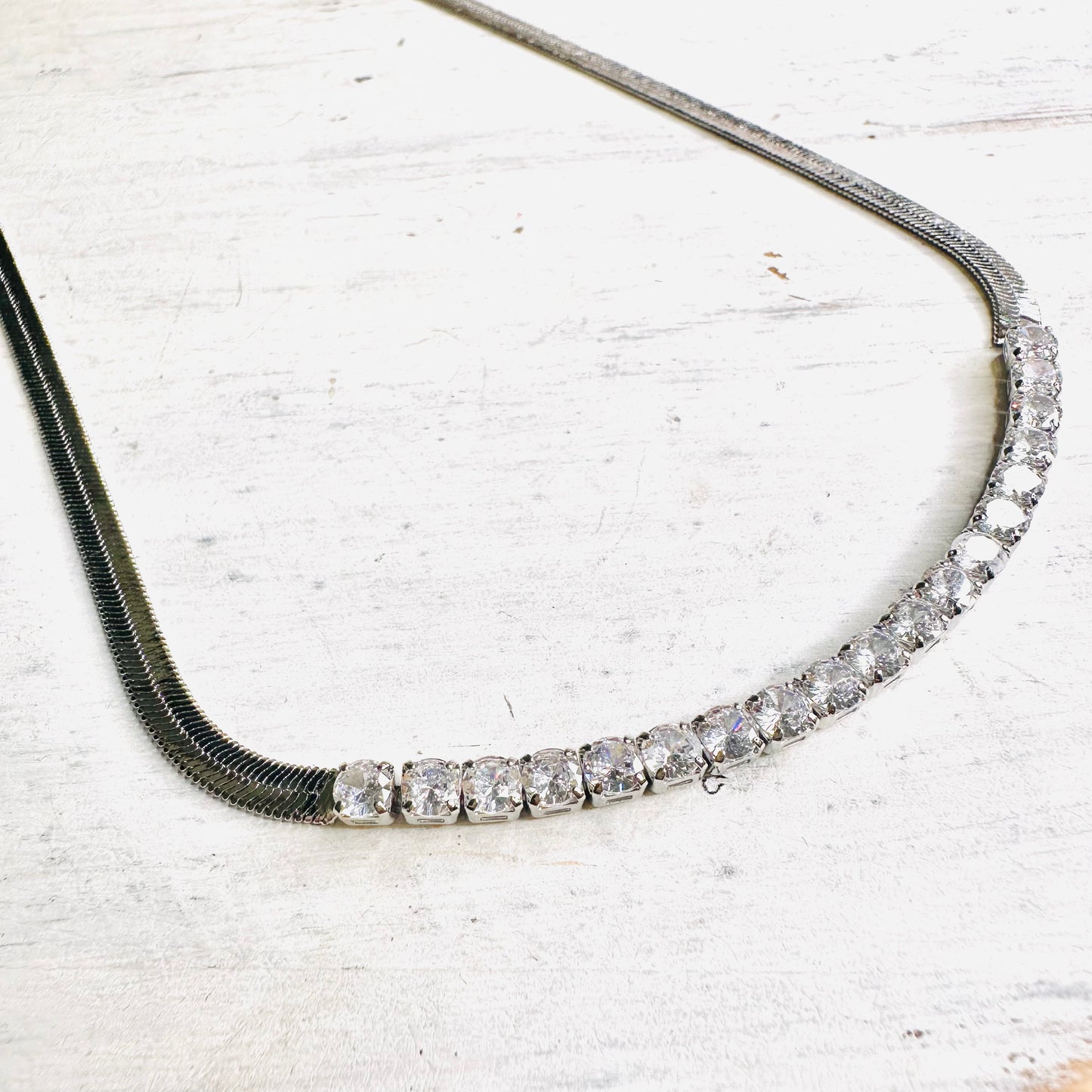 Silver Plated Rhinestone & Herringbone Necklace