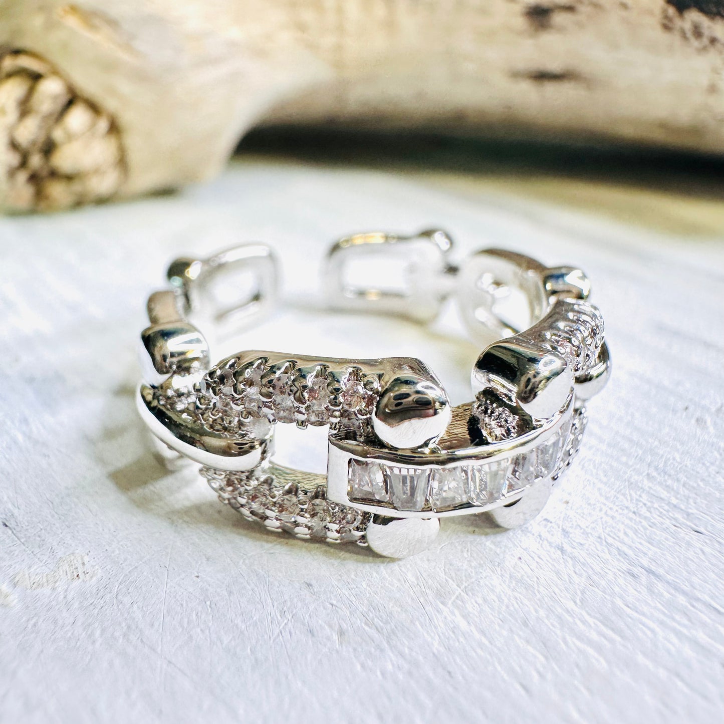 Silver Bit & Baguette Adjustable Ring