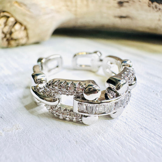 Silver Bit & Baguette Adjustable Ring