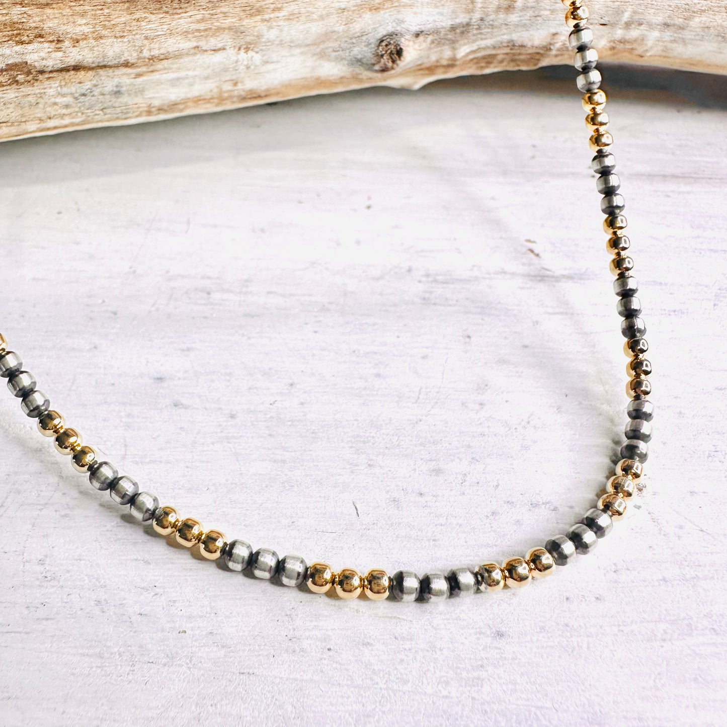 4mm Sterling & 3mm 14K Gold Beaded Necklace