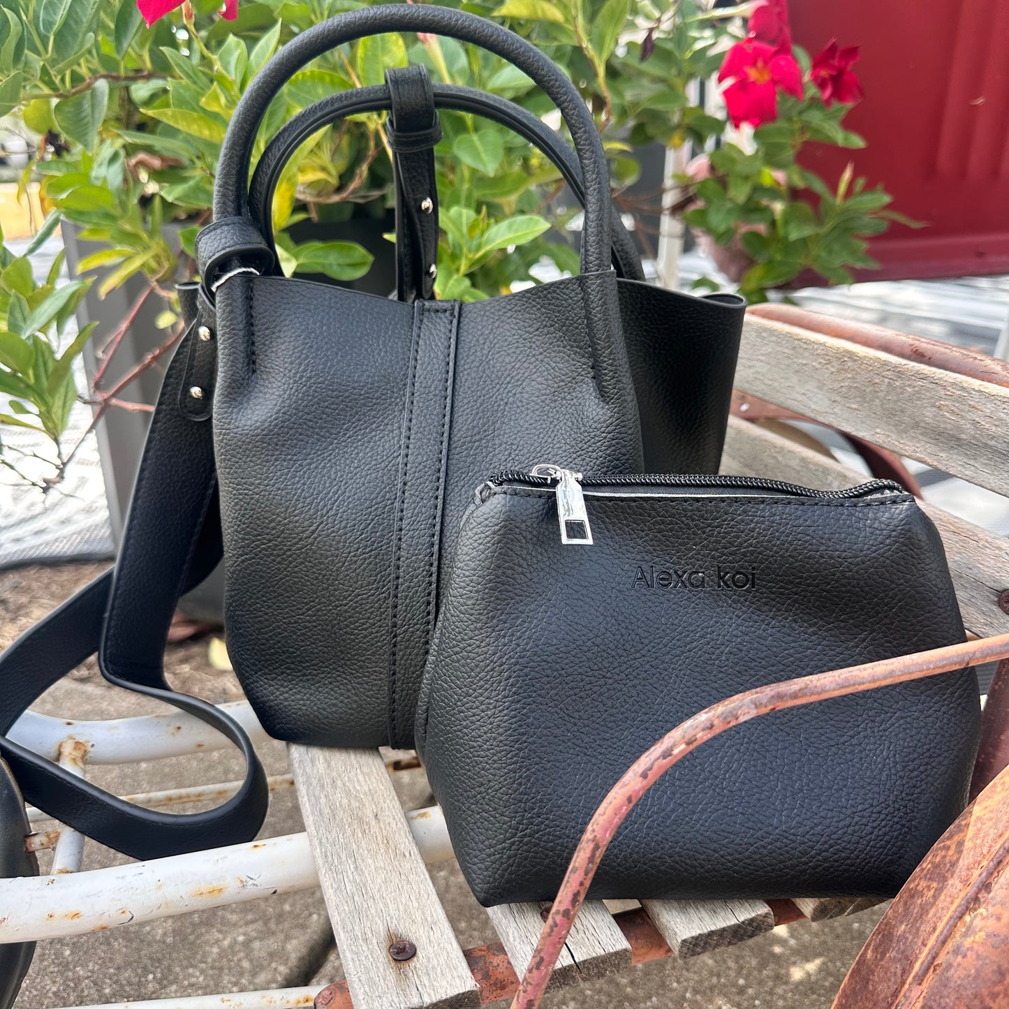 Faux Leather Pleated Mini Bucket Bag- Black