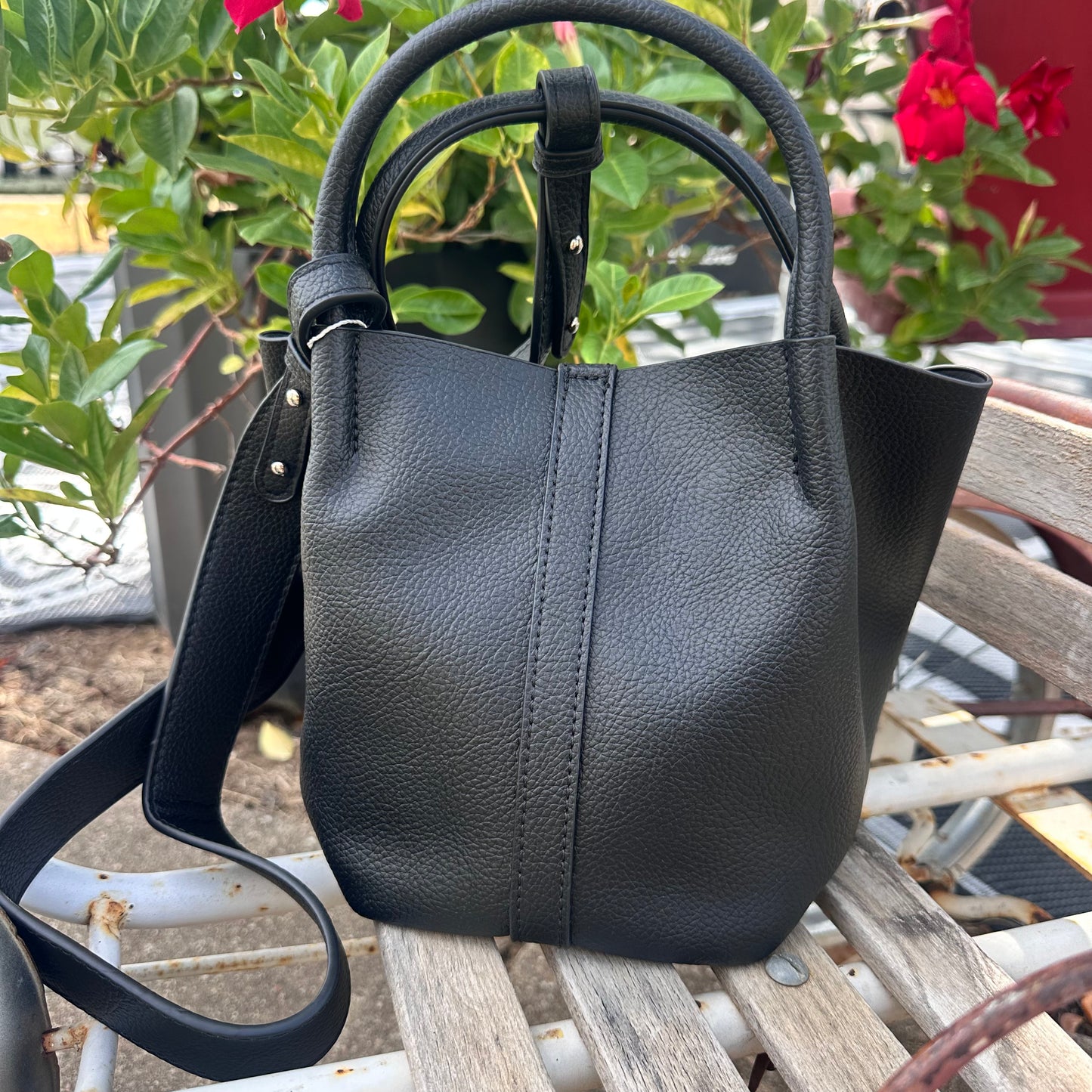 Faux Leather Pleated Mini Bucket Bag- Black