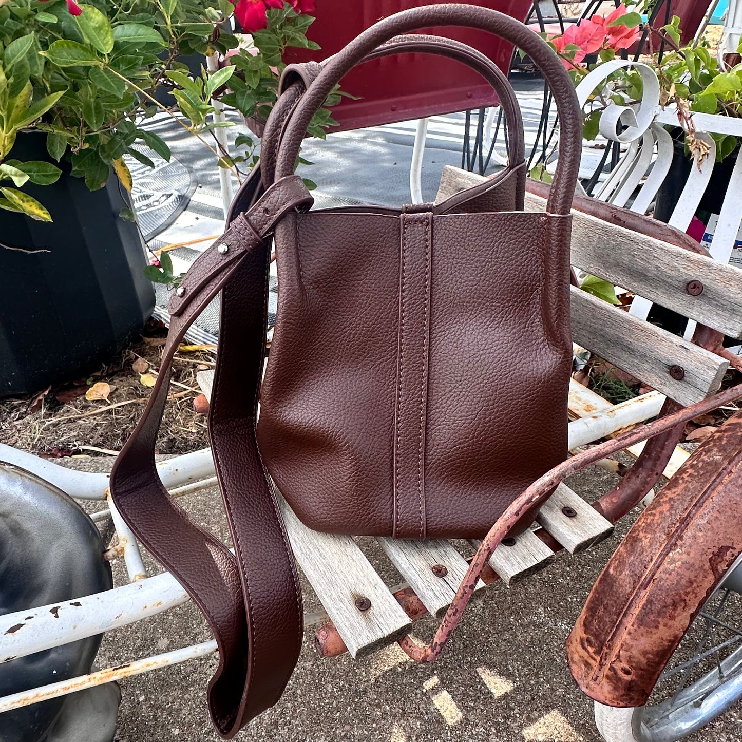 Faux Leather Pleated Mini Bucket Bag- Brown