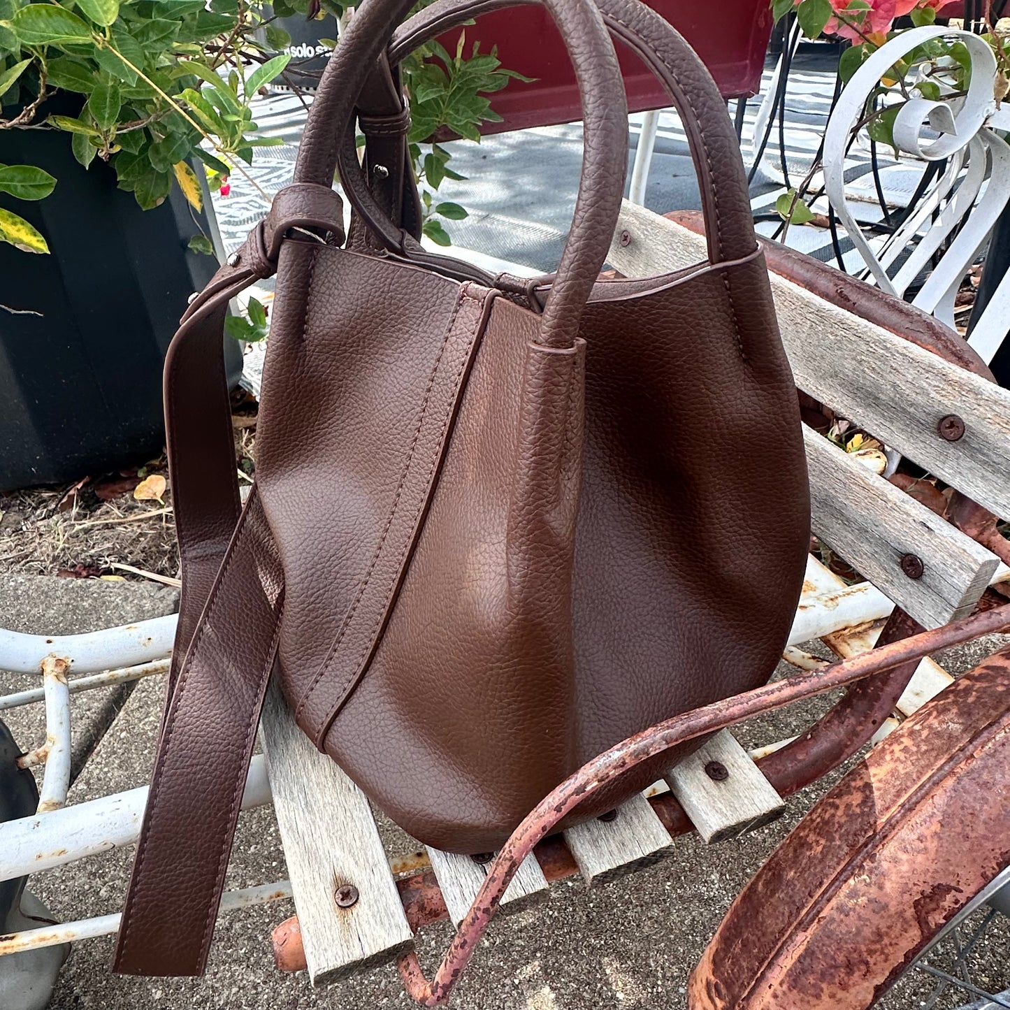 Faux Leather Pleated Mini Bucket Bag- Brown