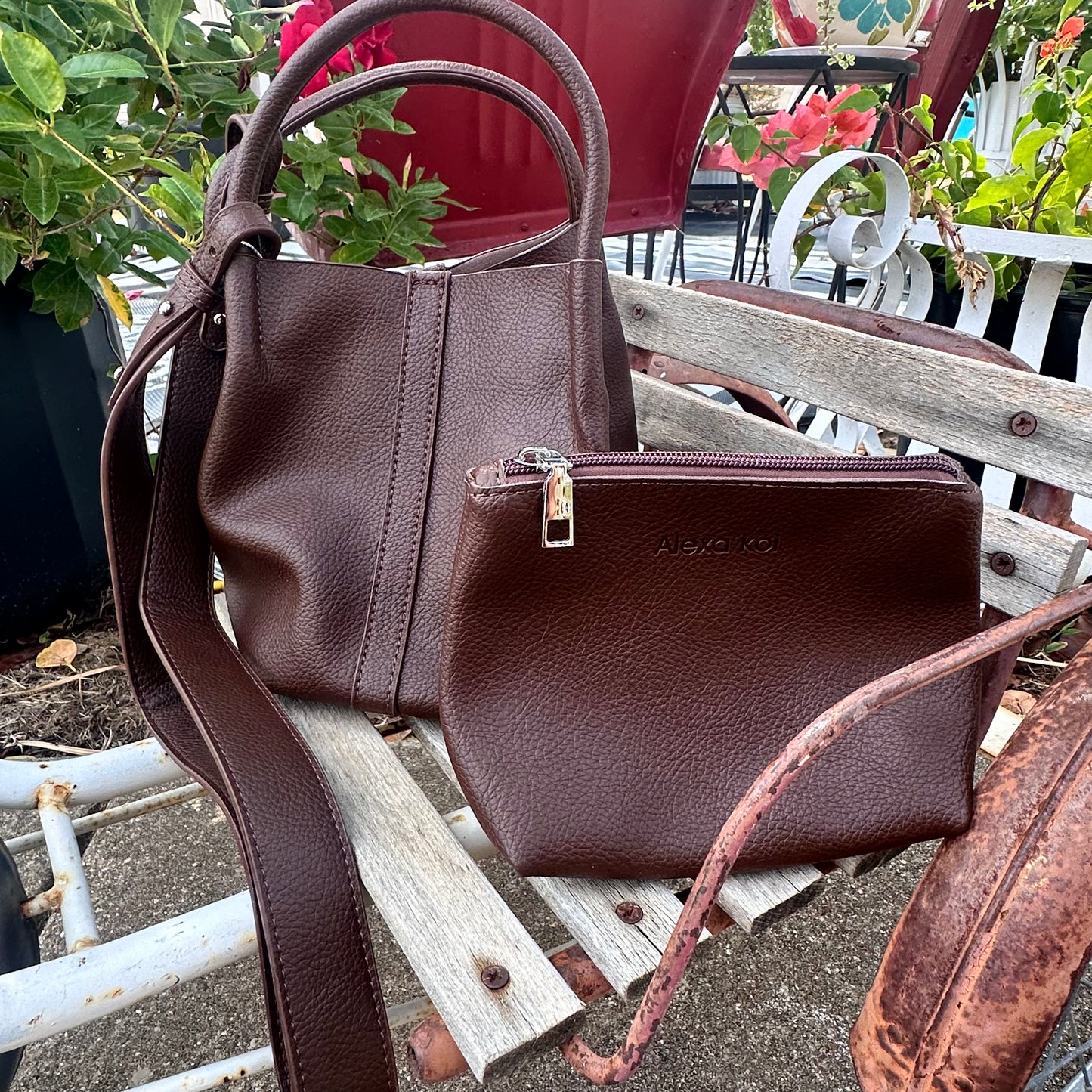 Faux Leather Pleated Mini Bucket Bag- Brown