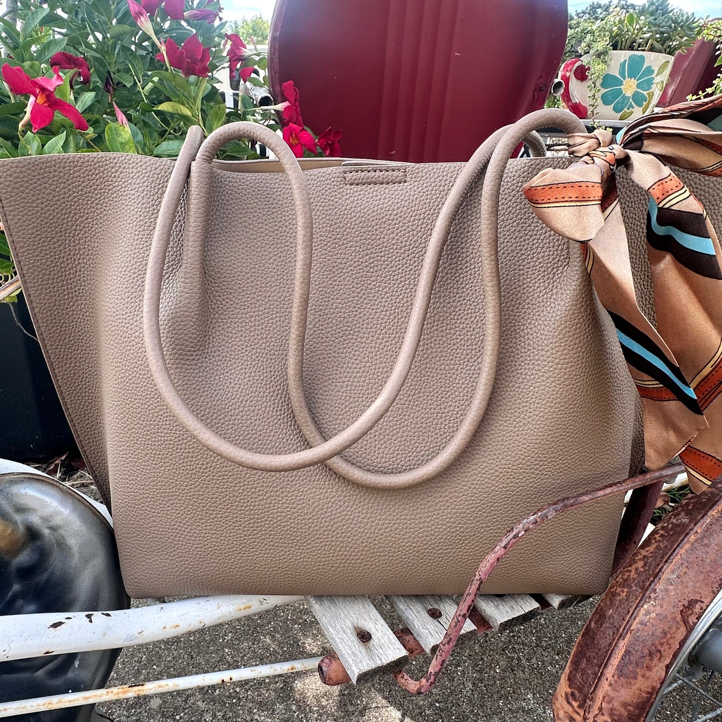 Faux Leather Shoulder Tote Set- Taupe