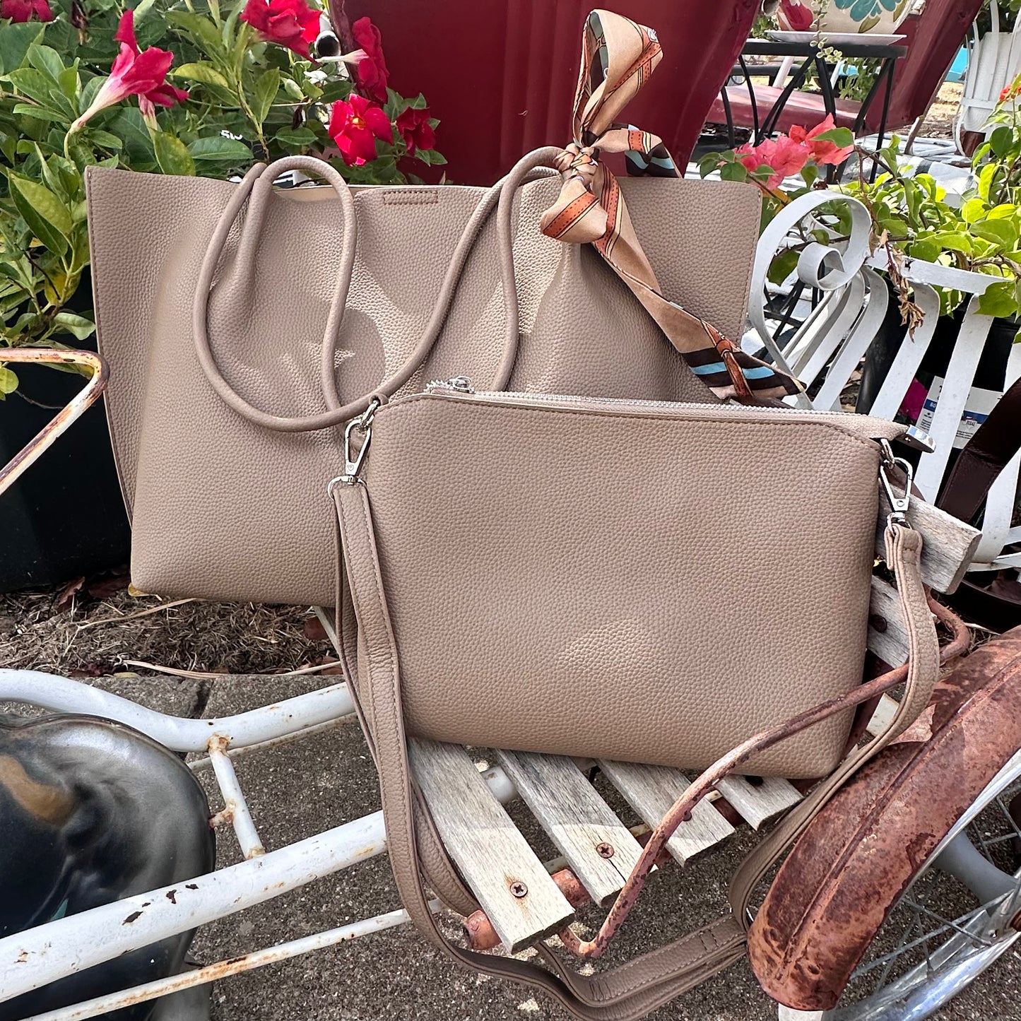 Faux Leather Shoulder Tote Set- Taupe