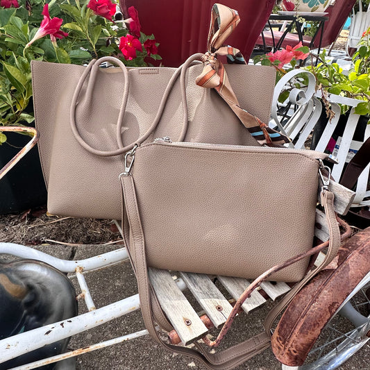 Faux Leather Shoulder Tote Set- Taupe