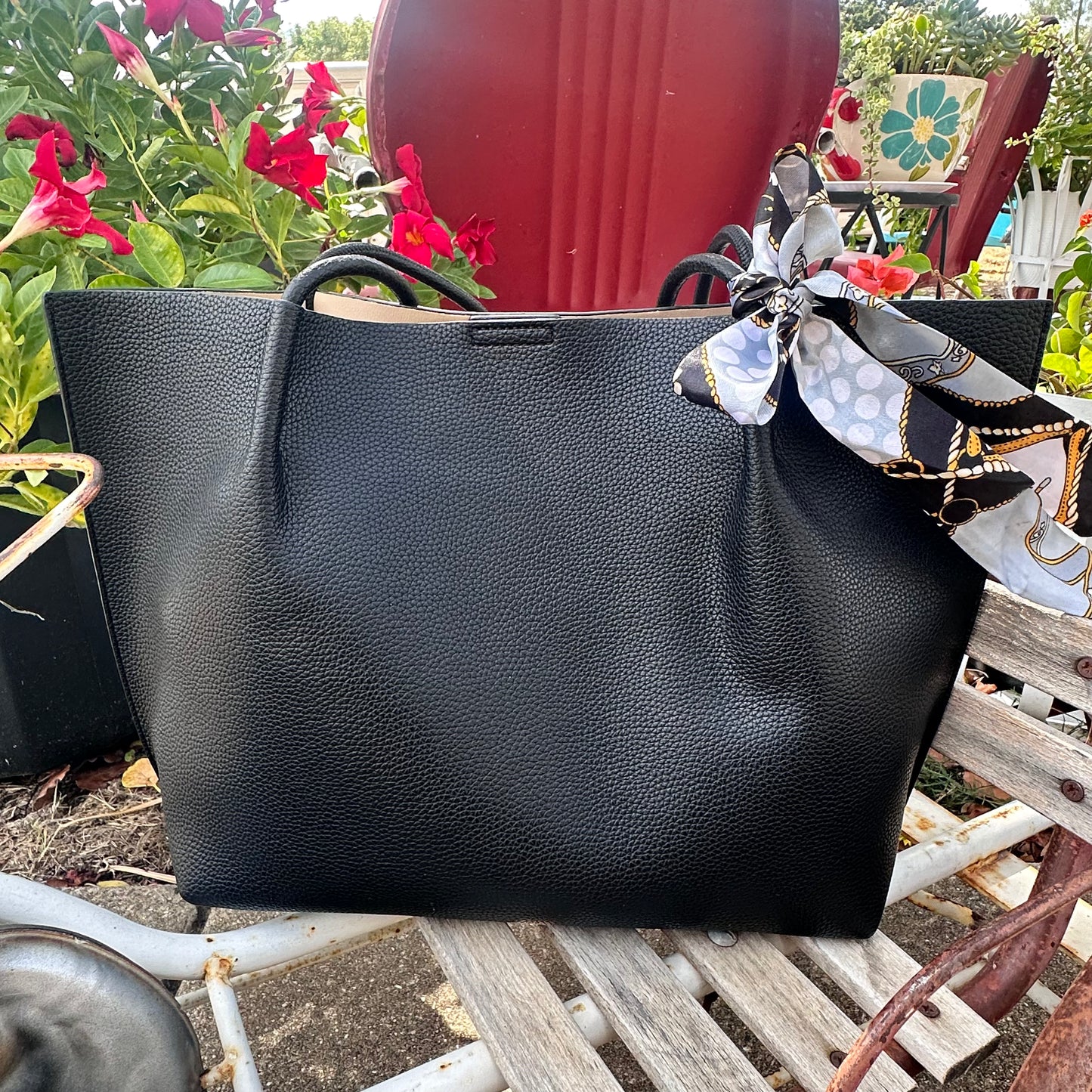 Faux Leather Shoulder Tote Set- Black