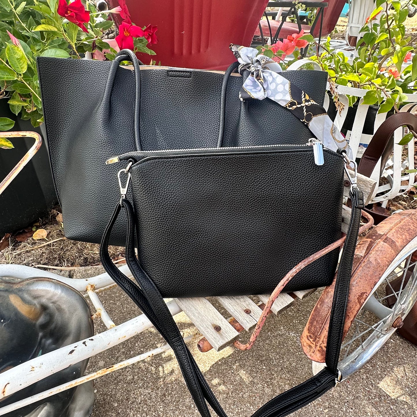 Faux Leather Shoulder Tote Set- Black
