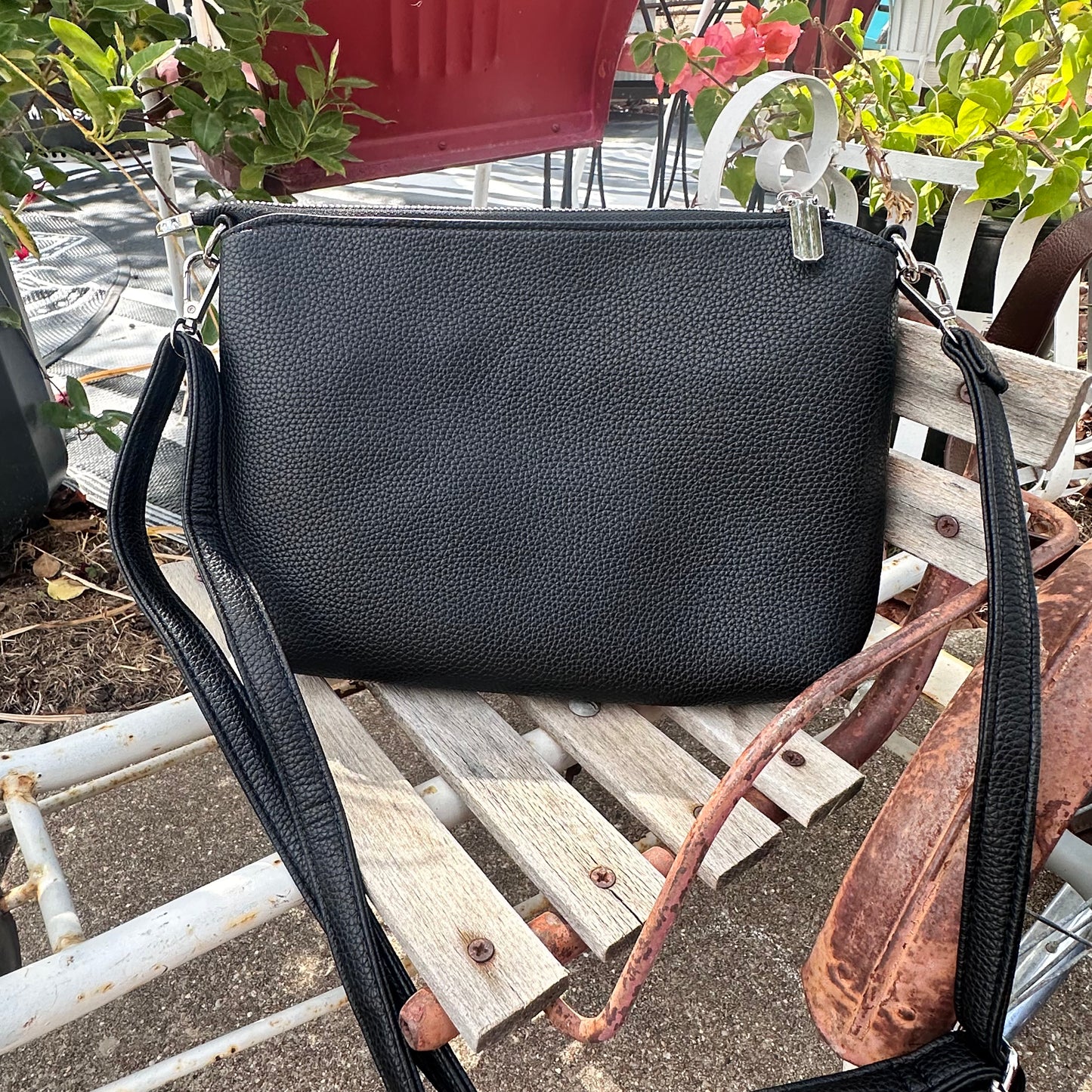 Faux Leather Shoulder Tote Set- Black