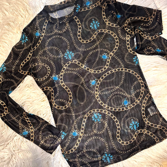 Black Gold Chain Long Sleeve Mesh Top