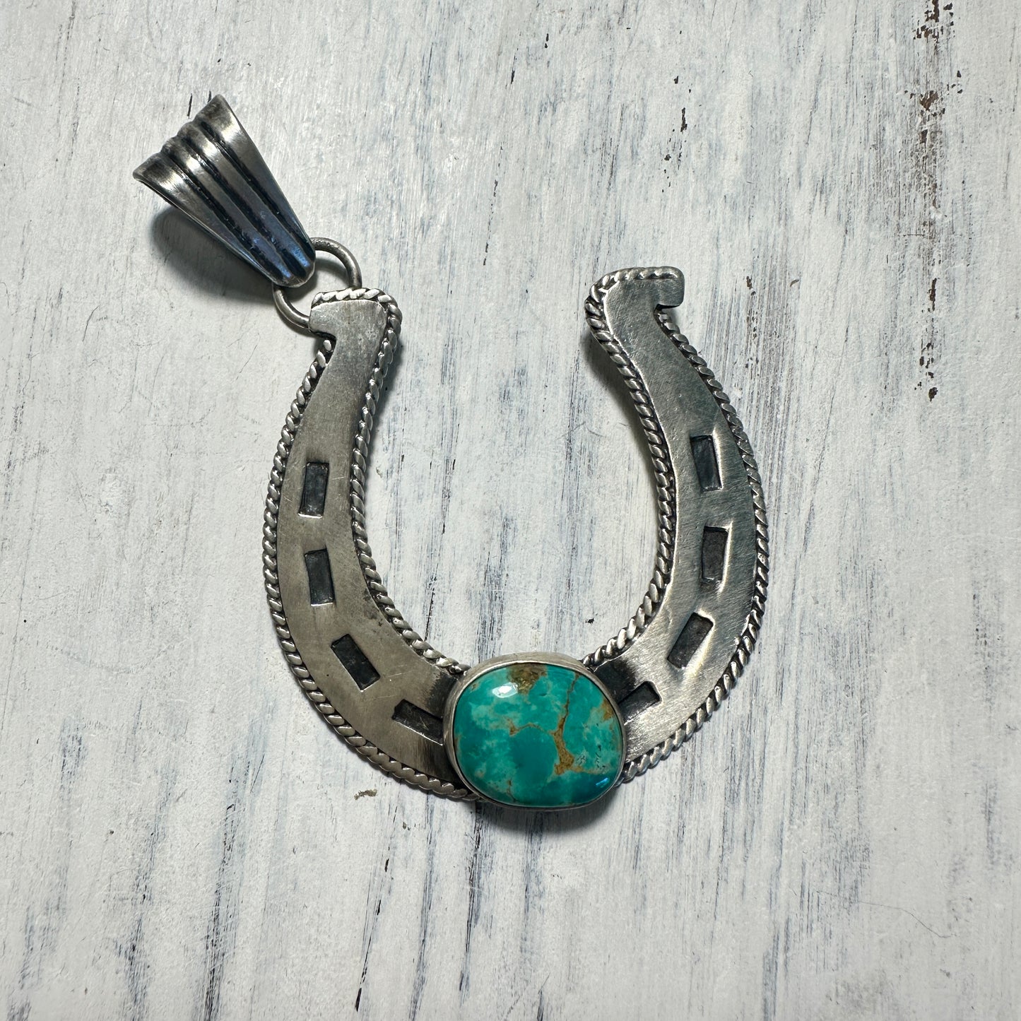 Sterling Horseshoe with Square Turquoise Stone Pendant