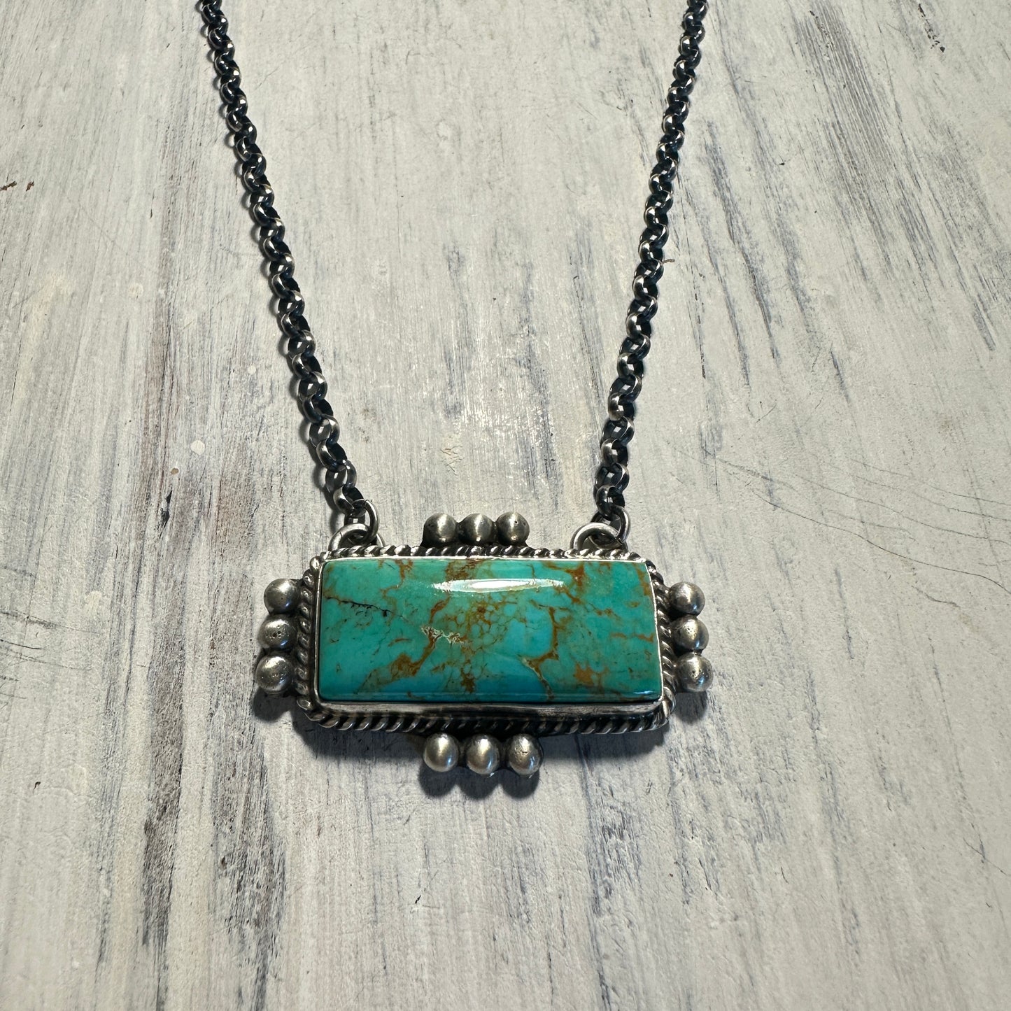 Turquoise Bar & Beaded Sterling Necklace