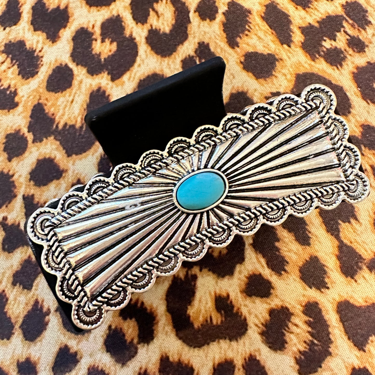 Turquoise Stone Silver Burst Scalloped Hair Clip