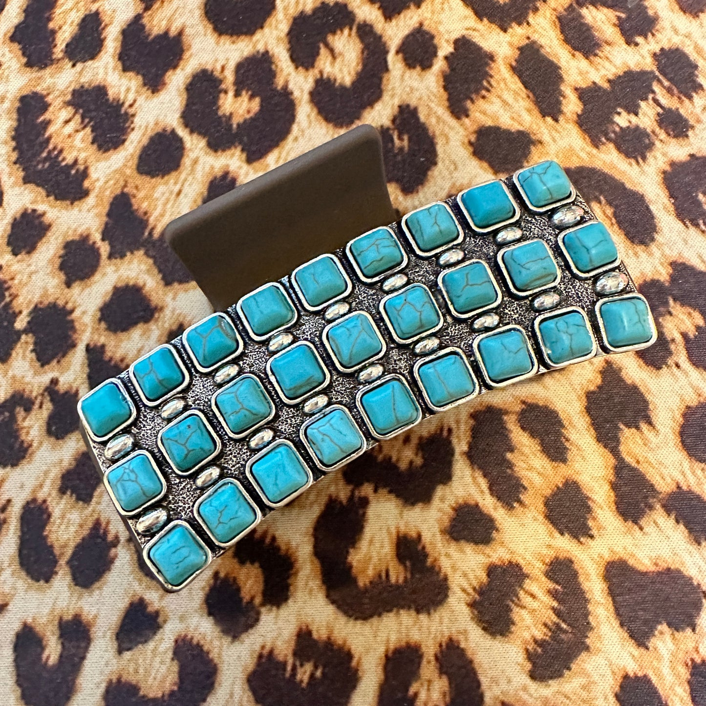 Square Turquoise & Beaded Silver on Brown Hair Clip