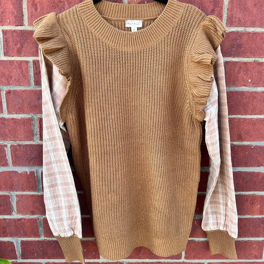 Brown Sweater & Plaid Sleeve Top