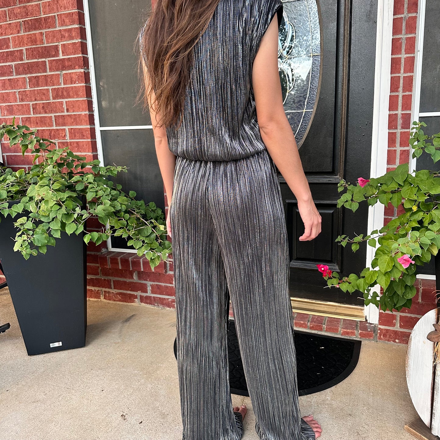 Black Metallic Pleated Top & Pant Set