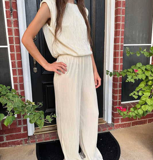 Cream Metallic Pleated Top & Pant Set