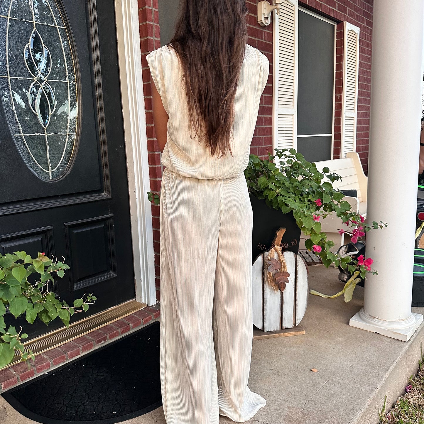 Cream Metallic Pleated Top & Pant Set
