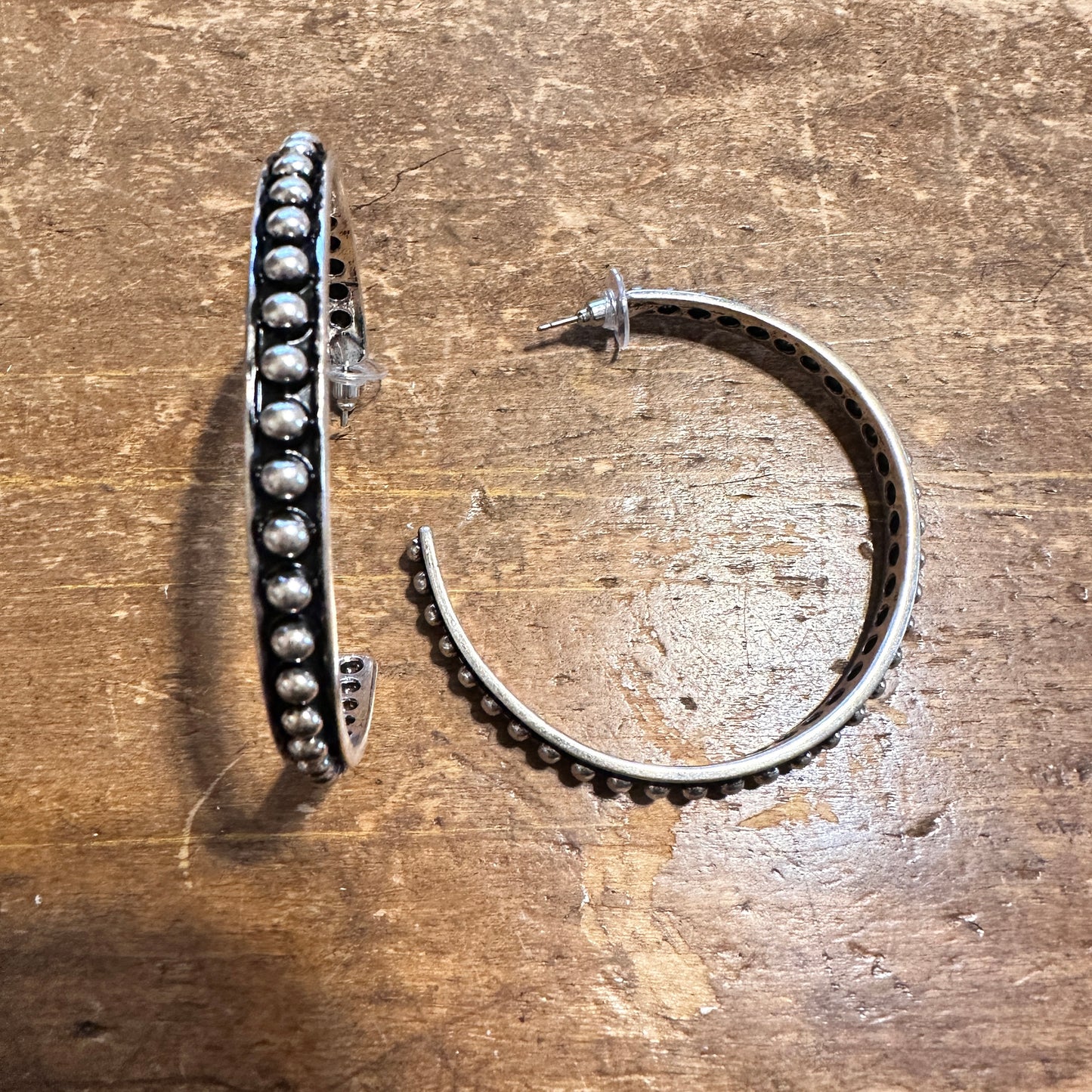 2.5" Beaded Silver Hoop Post Earrings