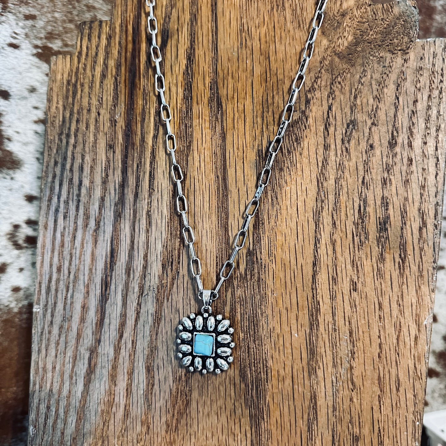 Square Concho Turquoise Pendant Necklace