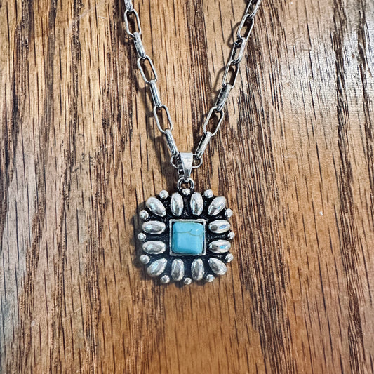 Square Concho Turquoise Pendant Necklace