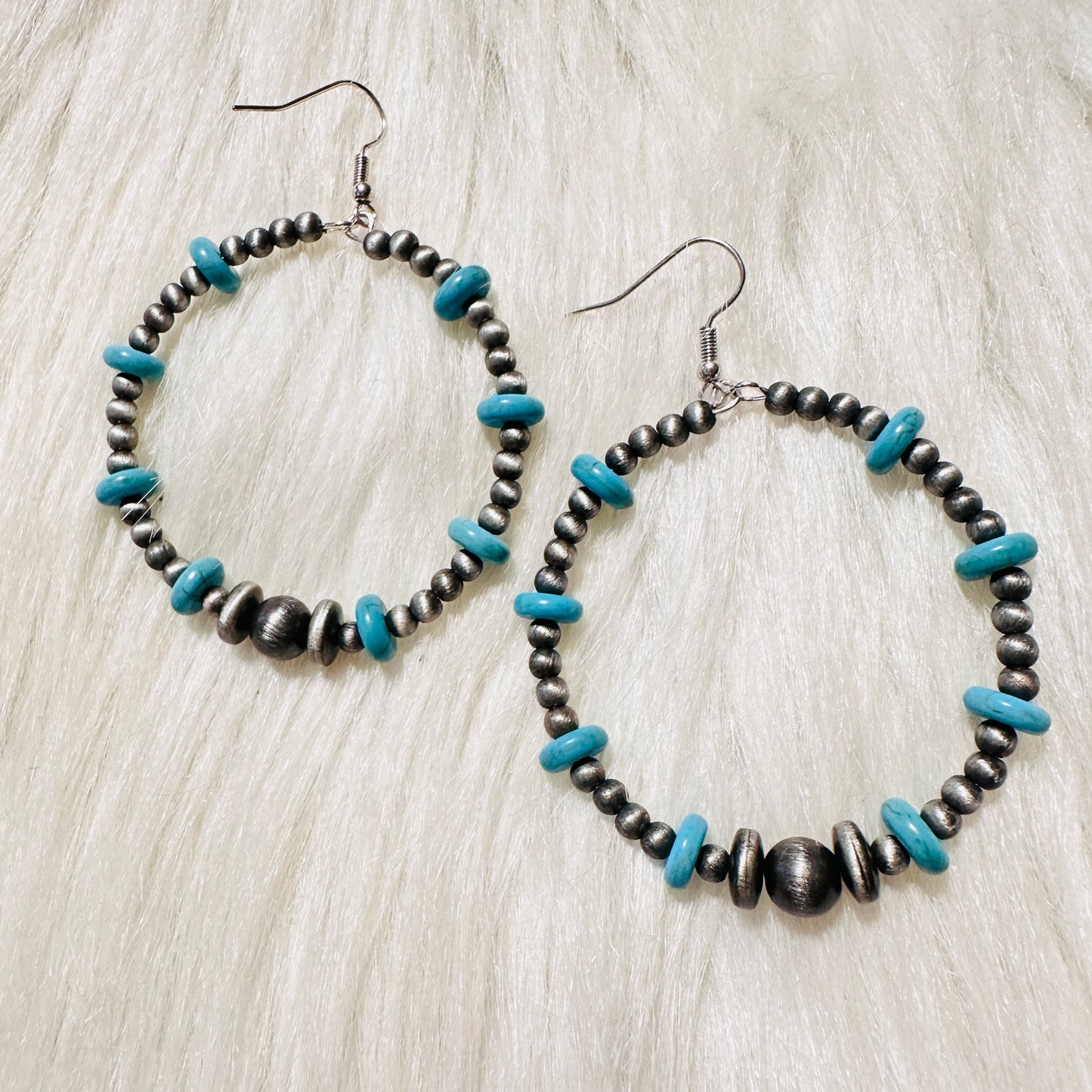 Pewter Pearl & Turquoise Beaded Hoops