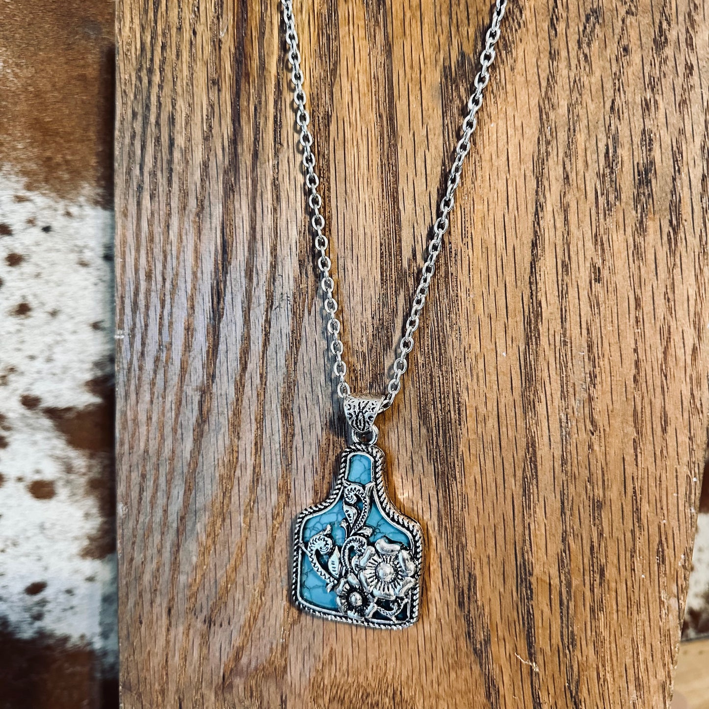 Tooled & Turquoise Cow Tag Necklace