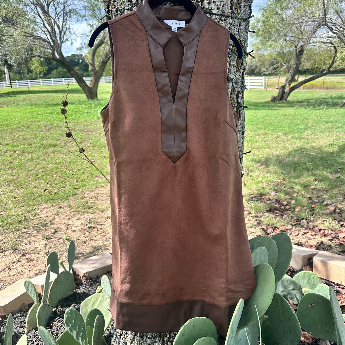 Brown Sleeveless Suede & Leather Dress